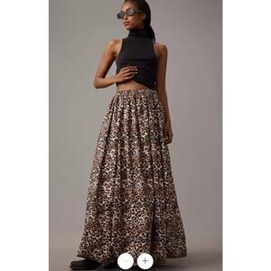 NEW Anthropologie Leopard Print Bubble Hem Maxi Skirt XS Brown Pattern A-line